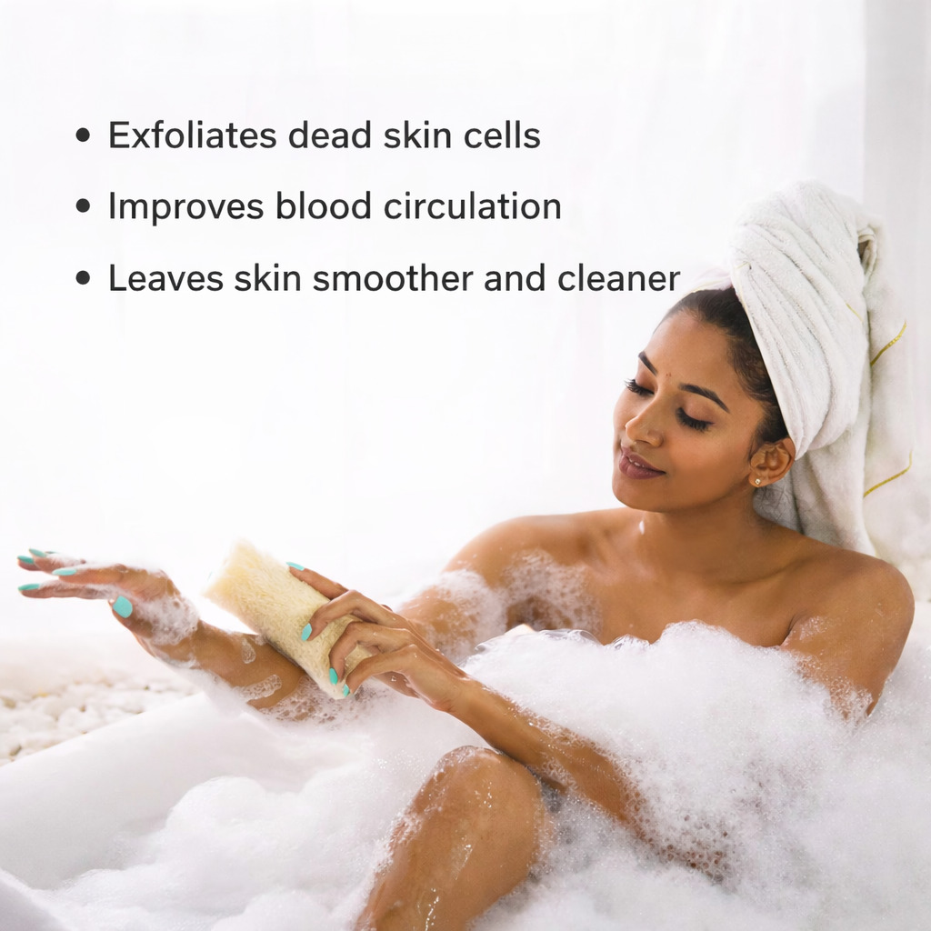 Indian woman using natural loofah