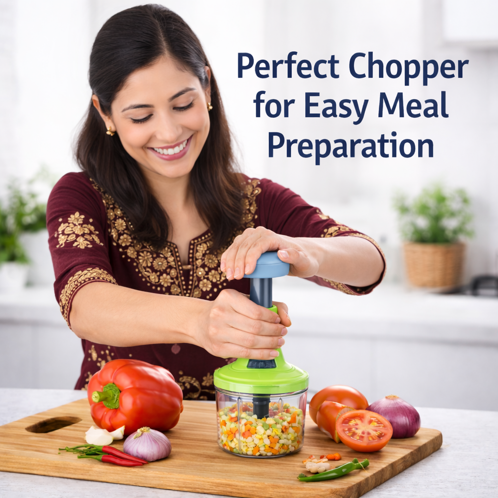 Indian woman chopping vegies with this chopper