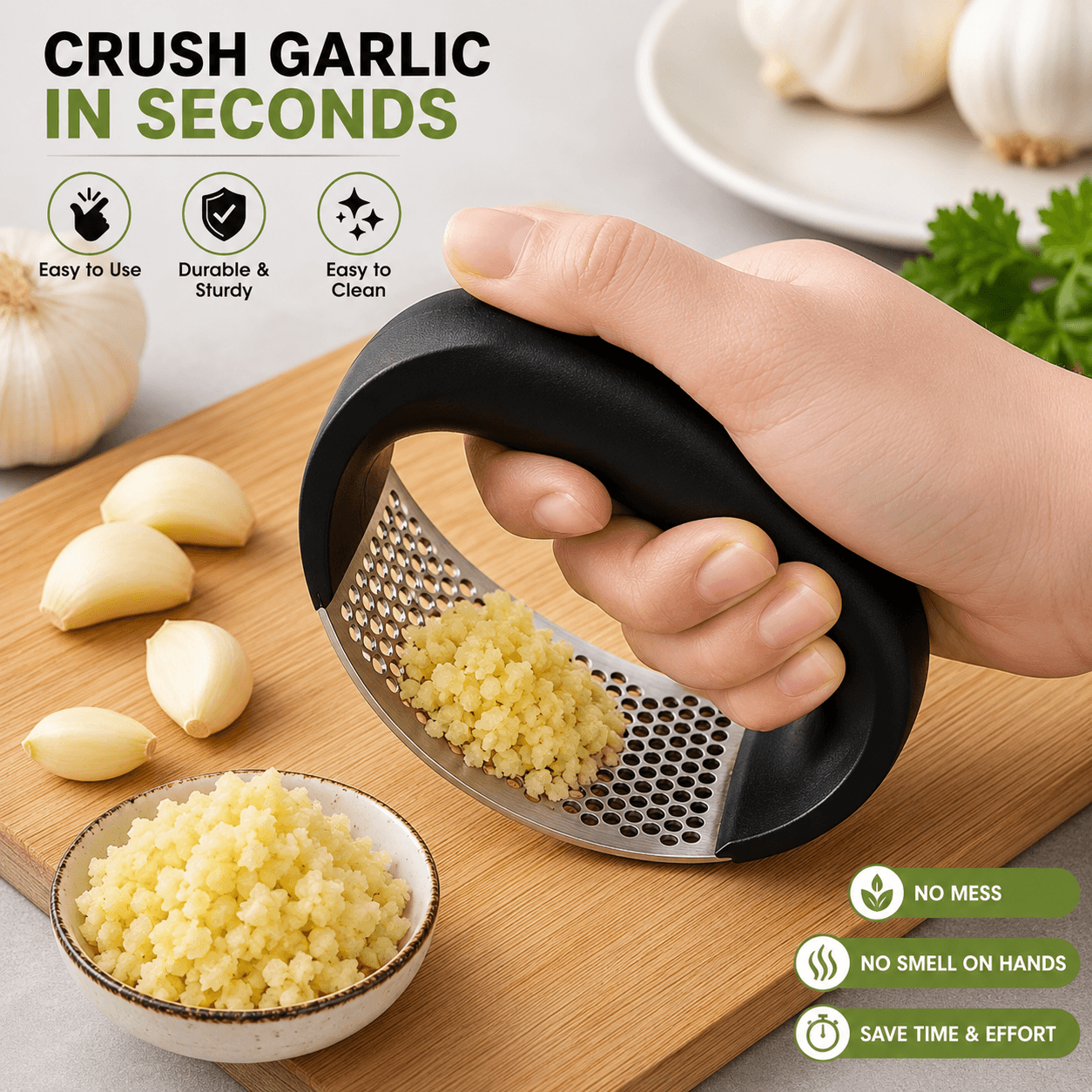 Kitchen Stainless Steel Garlic Press with Ergonomic Handle,Garlic Crusher, Handy Garlic Crusher, Kitchen Garlic Crushing Tool Stainless Steel (Black)