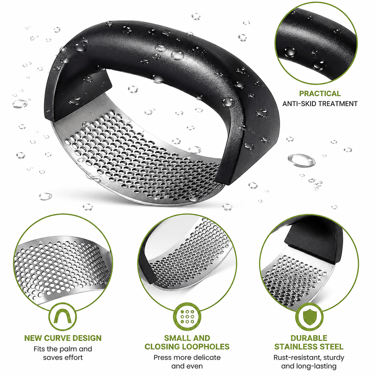 Kitchen Stainless Steel Garlic Press with Ergonomic Handle,Garlic Crusher, Handy Garlic Crusher, Kitchen Garlic Crushing Tool Stainless Steel (Black)